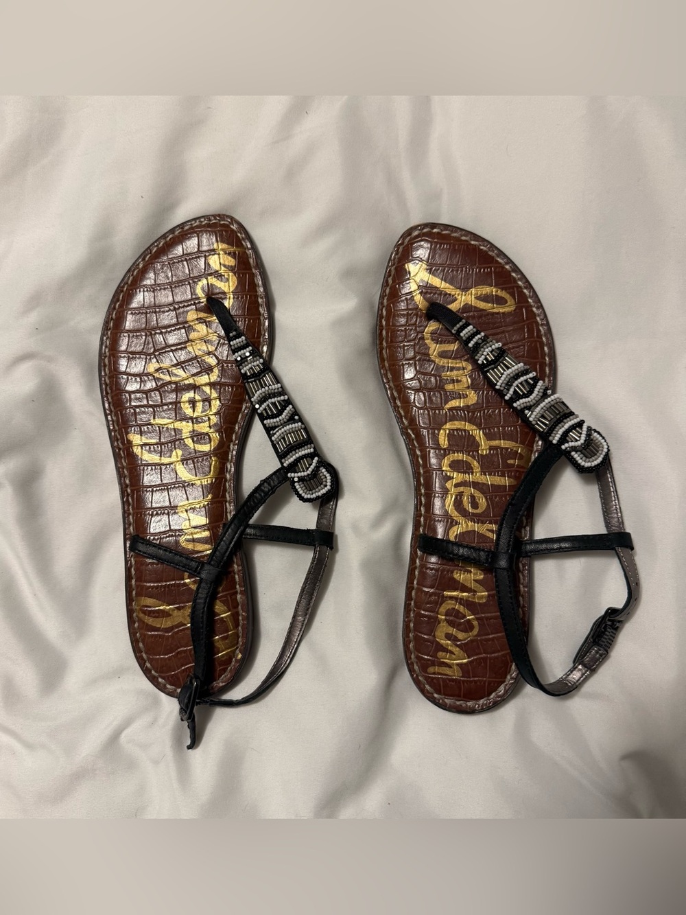 Sam Edelman Grace T-Strap Sandals with Black Beaded Trim